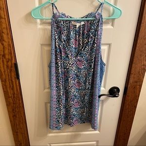 purple and blue patterned top